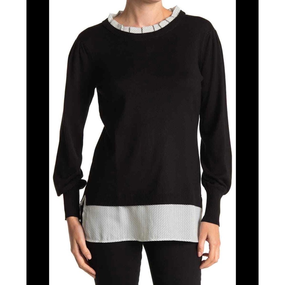 Adrianna‎ Papell Black Layered Polka Dot Mixed Media Sweater  Size S